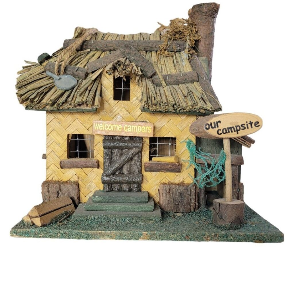 Campsite Cabin Birdhouse Wooden Homemade Handcrafted Tiki Thatch Roof‎ Bark